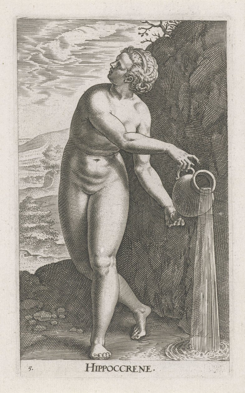 Waternimf Hippocrene Hippocrene (titel på objekt) Stroom - en vandnymfe (serietitel) Nympharum oceanitidum, Ephydridum potamidum naiadum (serietitel) af Philips Galle