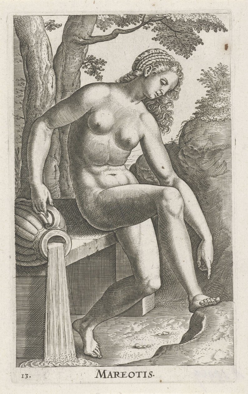 Havets vandnymfe Mareotis (titel på objekt) Stroom- en waternimfen (serietitel) Oceanitid-nymfer, epihidrid potamidus naiads (serietitel) af Philips Galle