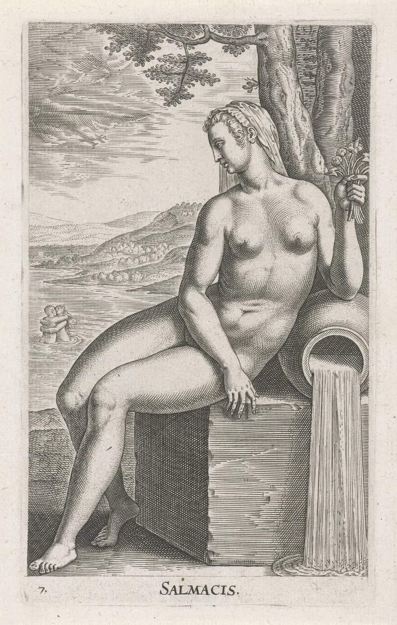 Vandnymfe Salmacis Salmacis (titel på objekt) Stroom- en waternimfen (serietitel) Oceanitid-nymfer, epihidrid potamidus naiads (serietitel) af Philips Galle