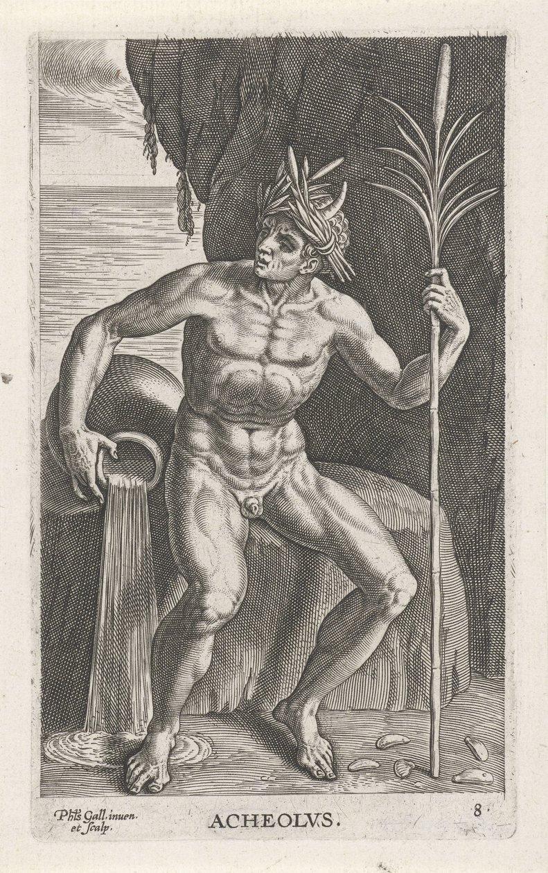 Zeegod Achelous Acheolvs (titel på objekt) Rivier- en zeegoden (serietitel) Elegante portrætter af de marine halvguder og Amnicus-sælerne (serietitel) af Philips Galle