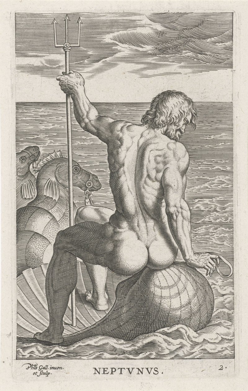 Zeegod Neptun Neptvnvs (titel på objekt) Rivier- en zeegoden (serietitel) Elegante portrætter af de marine halvguder og Amnicus-sælerne (serietitel) af Philips Galle
