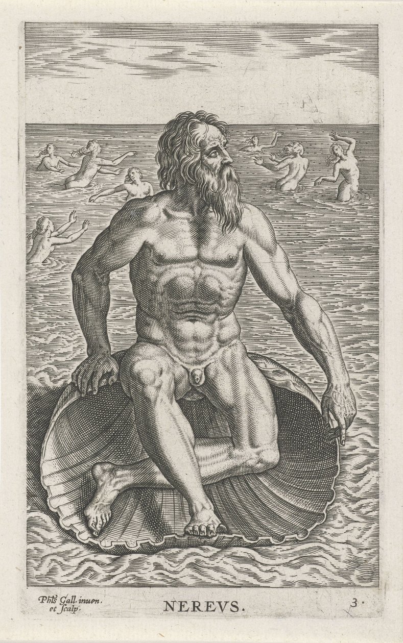 Zeegod Nereus Never (titel på objekt) Rivier- en zeegoden (serietitel) Elegante portrætter af de marine halvguder og Amnicus-sælerne (serietitel) af Philips Galle