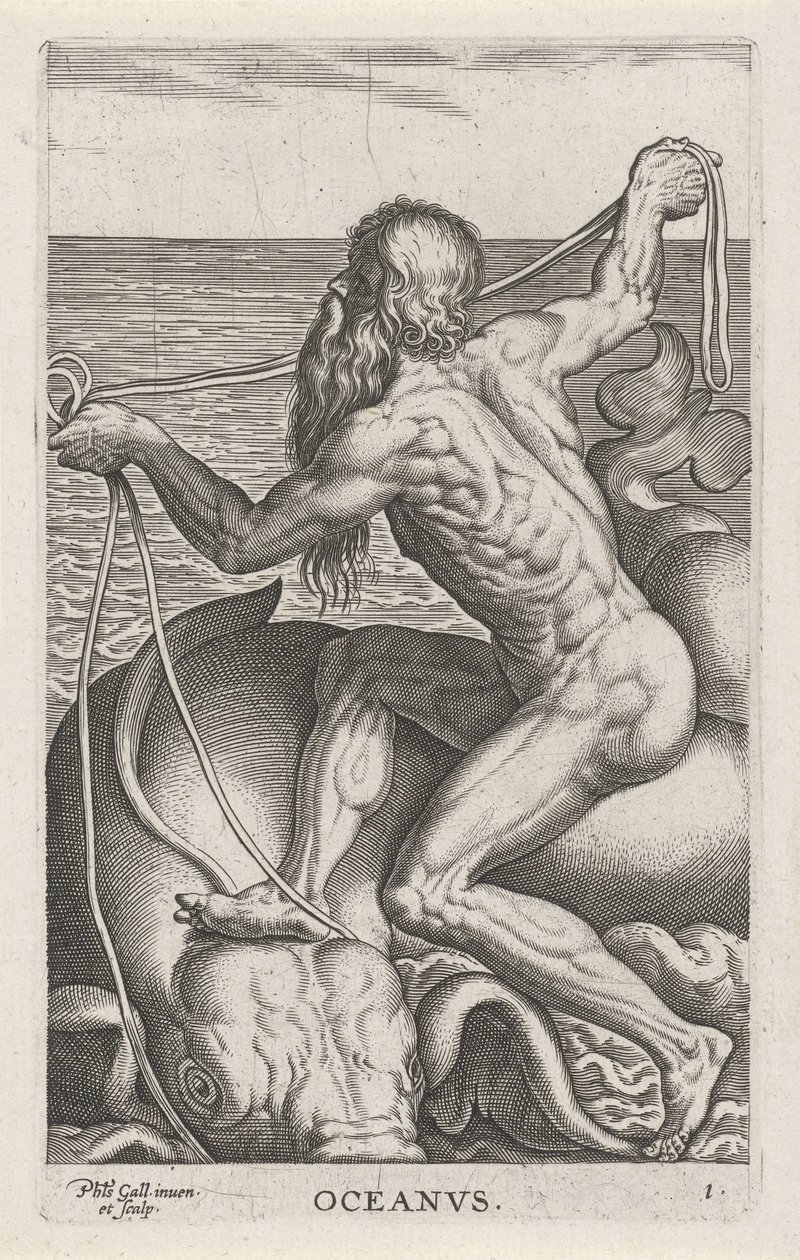Zeegod Oceanus Oceanvs (titel på objekt) Rivier- en zeegoden (serietitel) Elegante portrætter af de marine halvguder og Amnicus-sælerne (serietitel) af Philips Galle