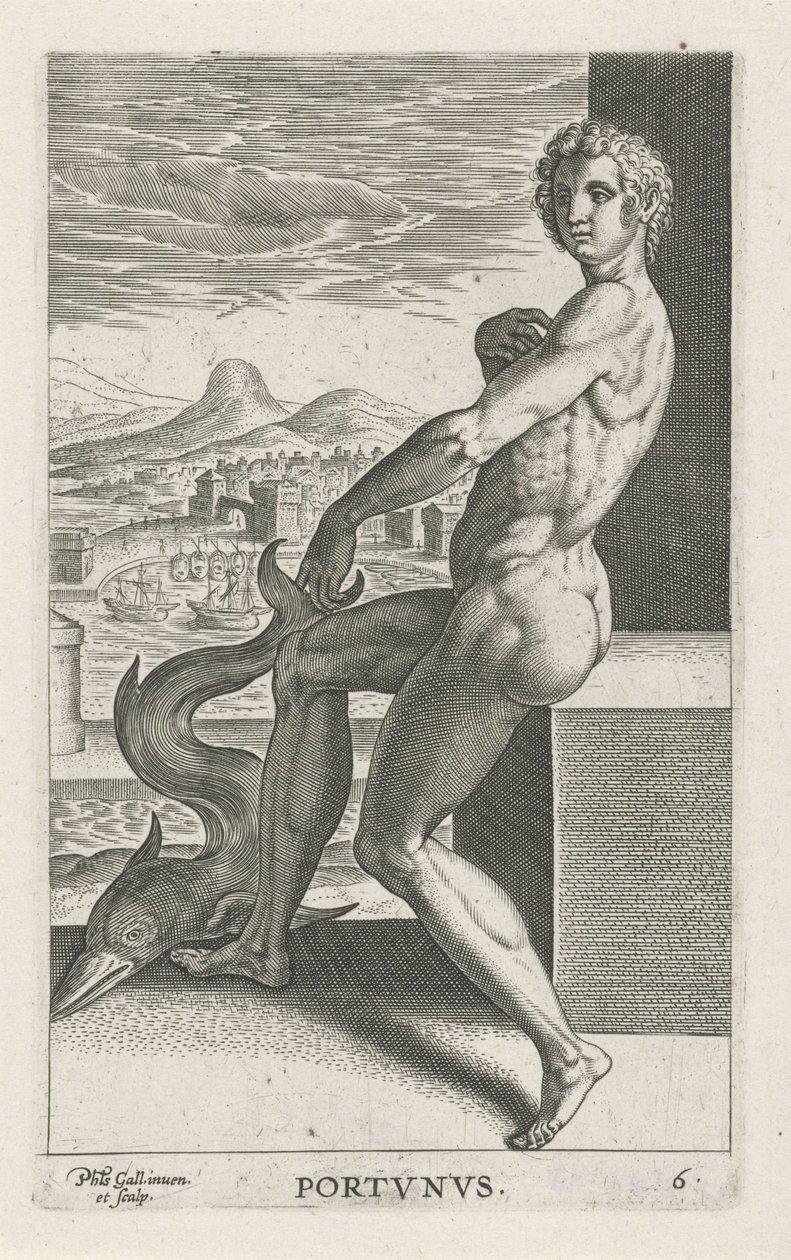 Zeegod Portunus Portvnvs (titel på objekt) Rivier- en zeegoden (serietitel) Elegante portrætter af de marine halvguder og Amnicus-sælerne (serietitel) af Philips Galle