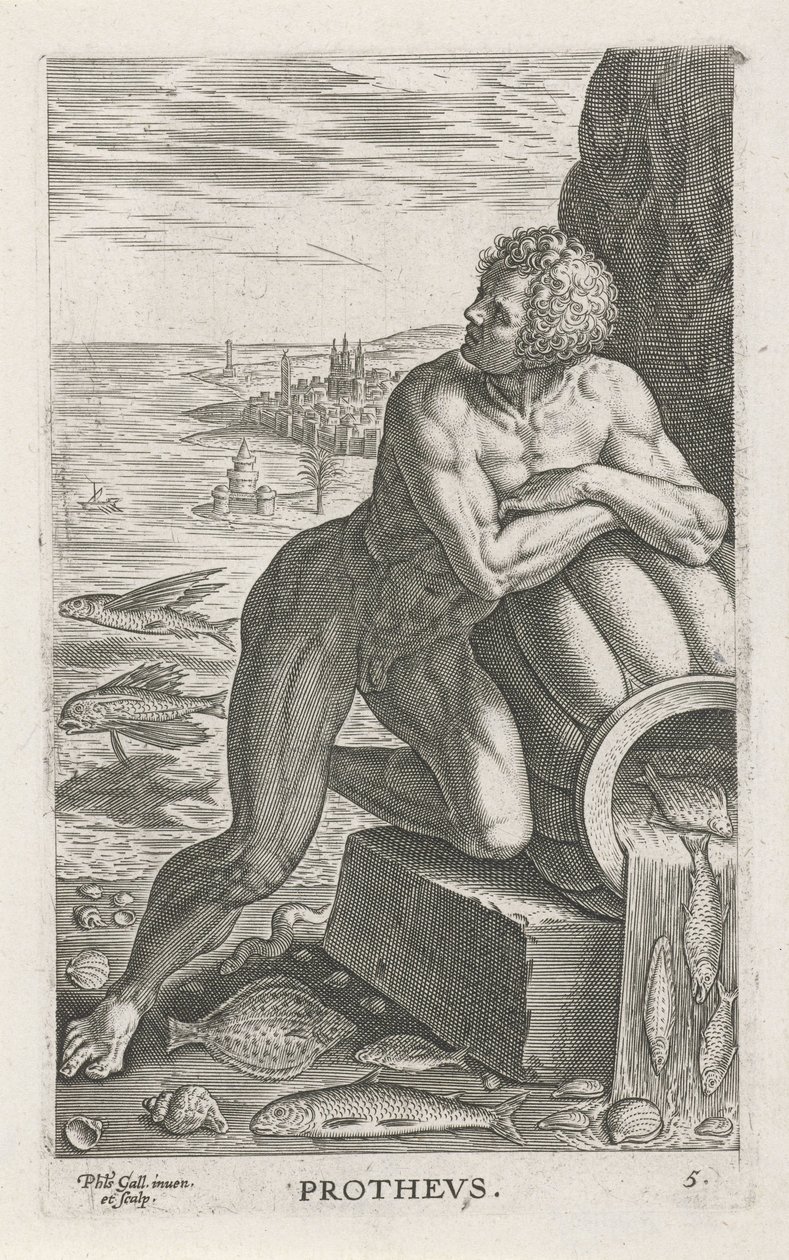 Zeegod Protheus Prothevs (titel på objekt) Rivier- en zeegoden (serietitel) Elegante portrætter af de marine halvguder og Amnicus-sælerne (serietitel) af Philips Galle