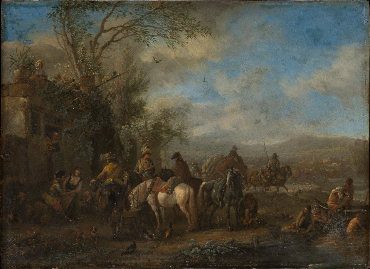 Bevæbnede ryttere foran en kro af Philips Wouwerman