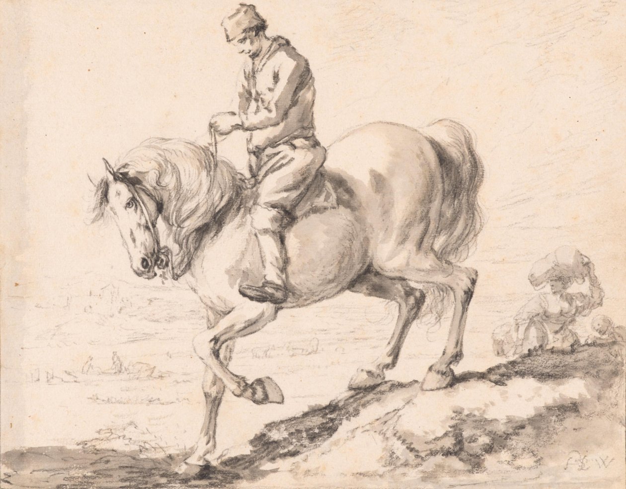 En rytter krydser en bæk med sin hest af Philips Wouwerman