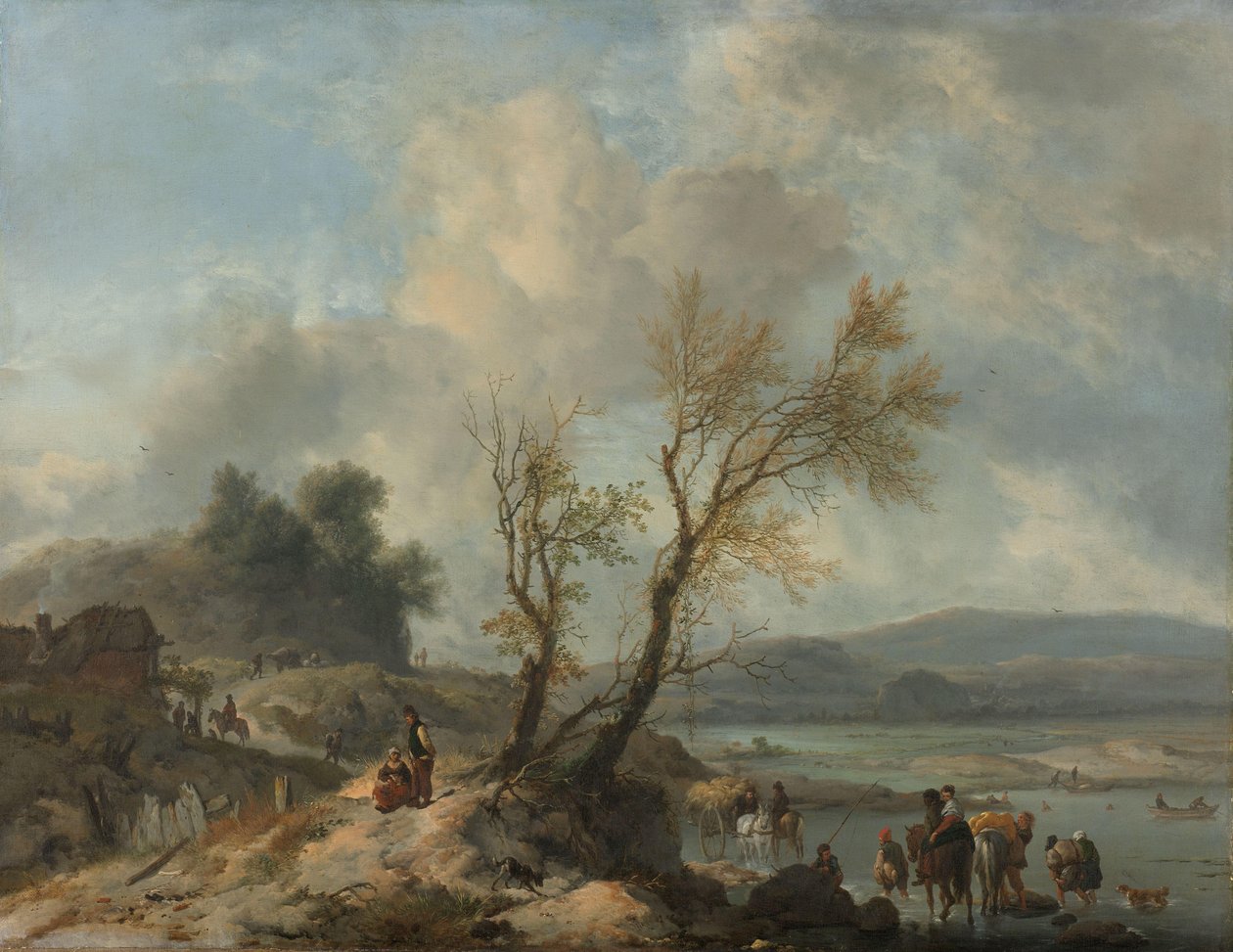 Landskab med sandsti ved siden af en flod af Philips Wouwerman