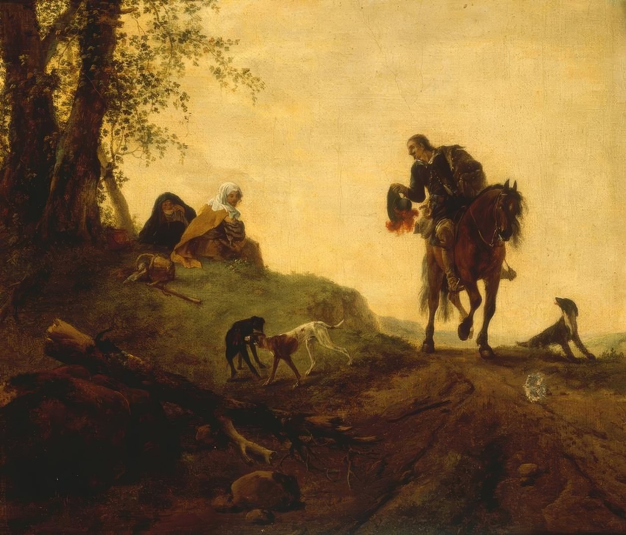 Landskab med en rytter, der holder to F. af Philips Wouwerman