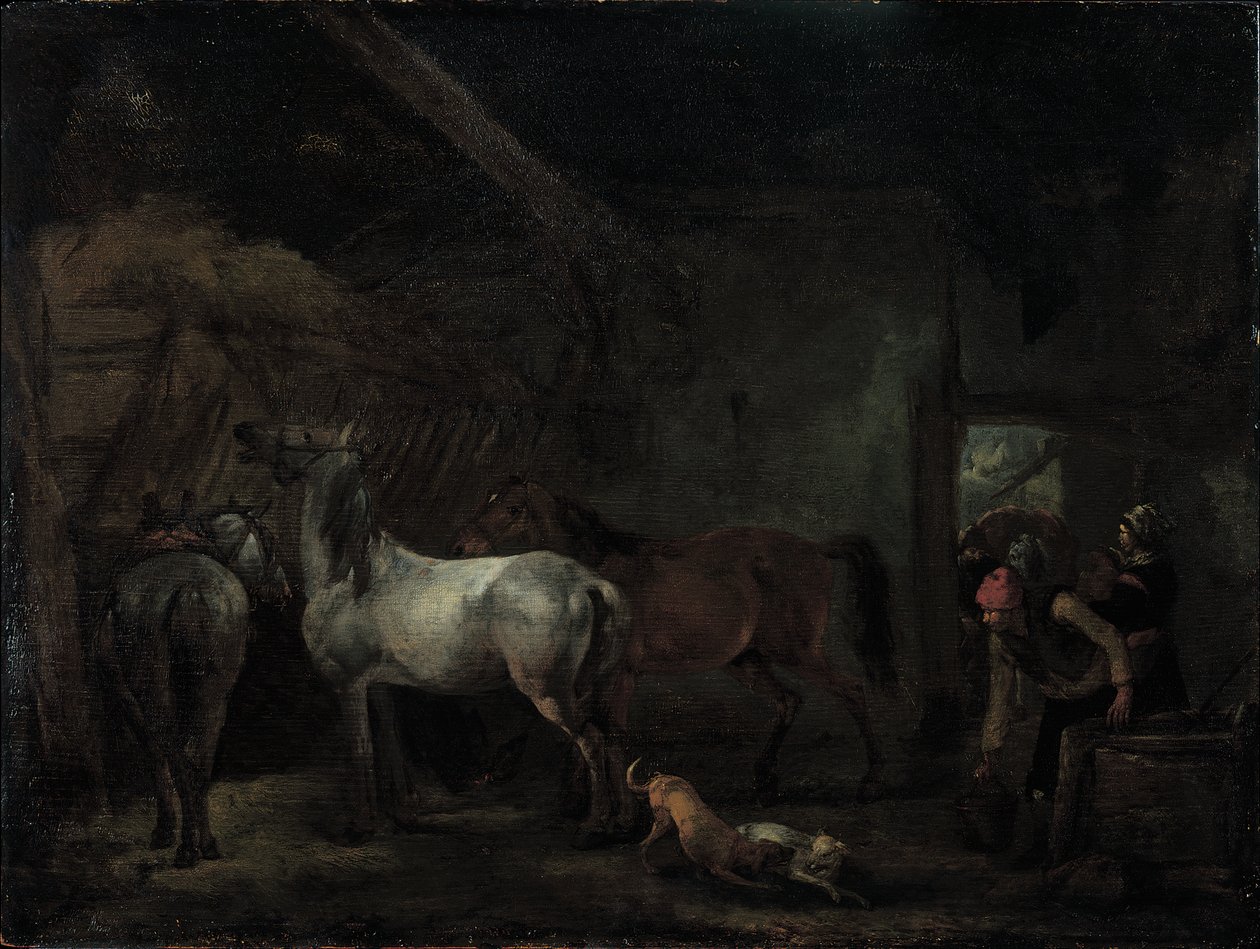 Stald med tre heste af Philips Wouwerman