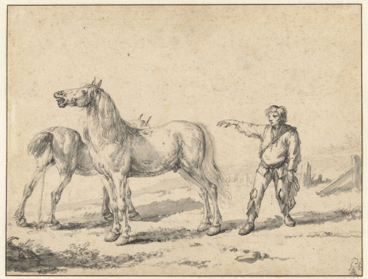 To heste, den ene tisser og den anden klynker, og en stående mand med højre arm løftet af Philips Wouwerman