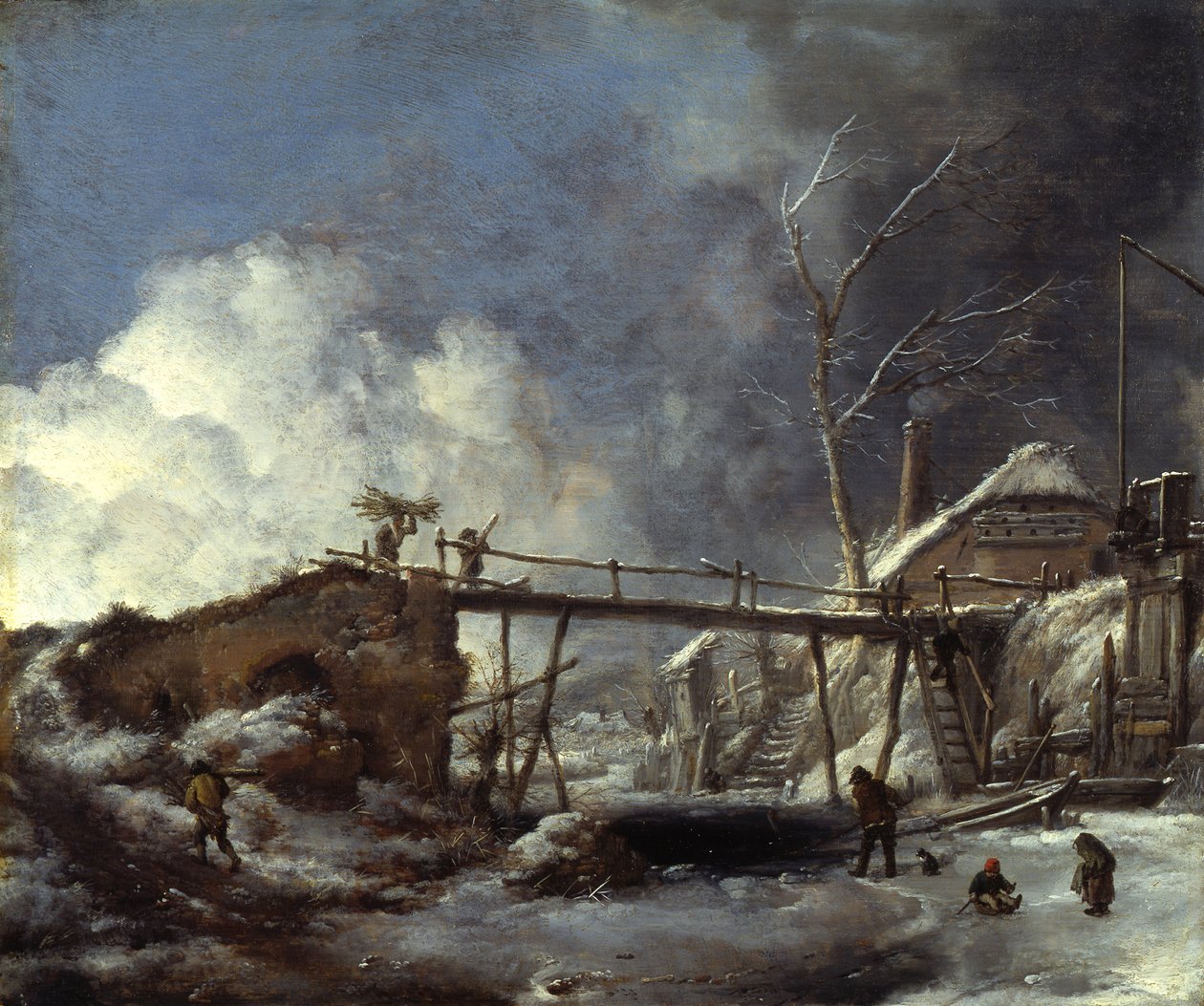 Vinterlandskab med træbro af Philips Wouwerman