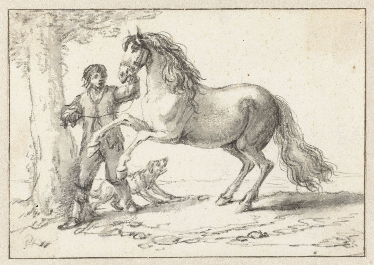 Ung mand, der holder en opvoksende hest ved sit tøjle, skræmt af en gøende hund af Philips Wouwerman