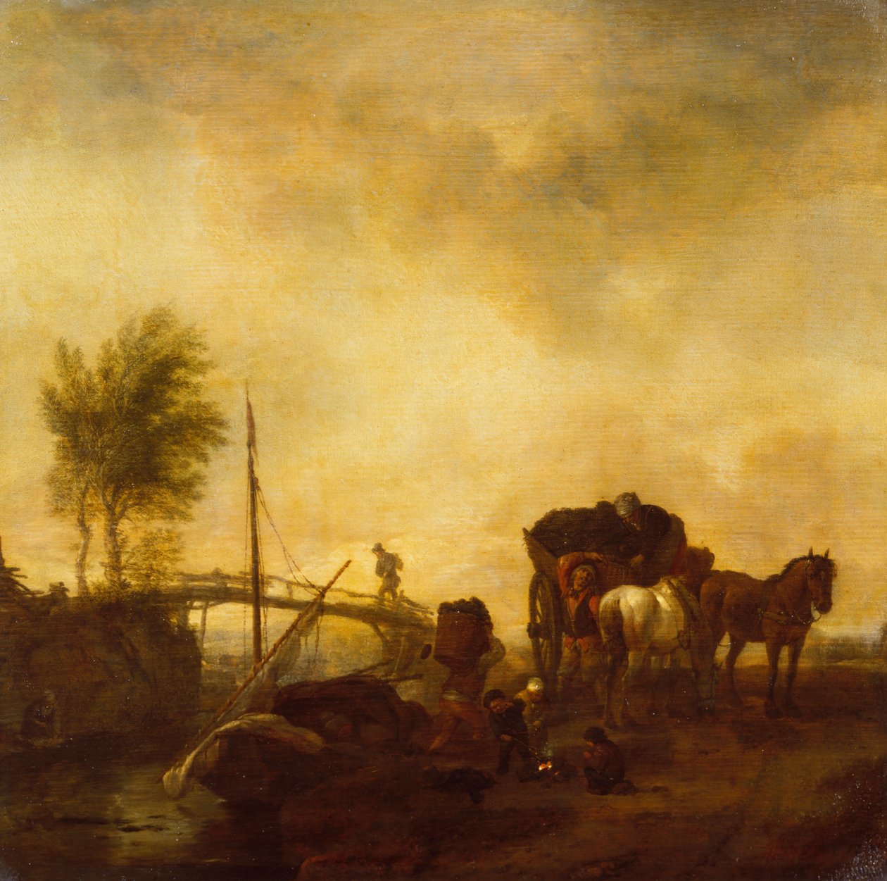 Arbejdere læsser tørv fra en pram på en vogn (olie på panel) af Philips Wouwermans or Wouvermans