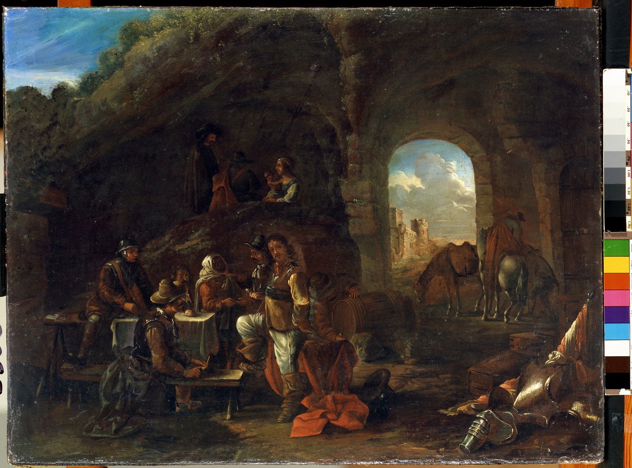 Tavern scene. Maleri af Philips Wouwerman (1619-1668). Olie på træ, 48 x 63 cm. 1600-tallets hollandske skole. Statens M. Ciurlionis kunstmuseum, Kaunas (Litauen). af Philips Wouwermans or Wouvermans
