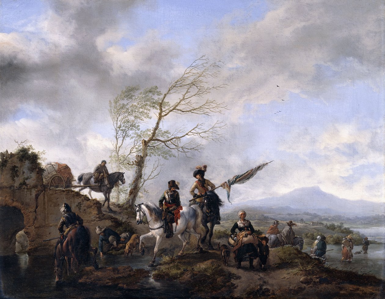 Et omfattende flodlandskab med soldater og en fanebærer, der vander deres heste, af Philips Wouwerman
