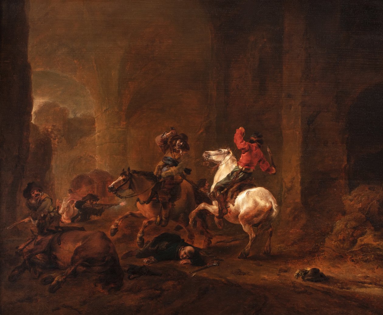 Banditter baghold rejsende på en sti blandt ruiner, ca. 1635-50 (olie på panel) af Philips Wouwermans or Wouwerman