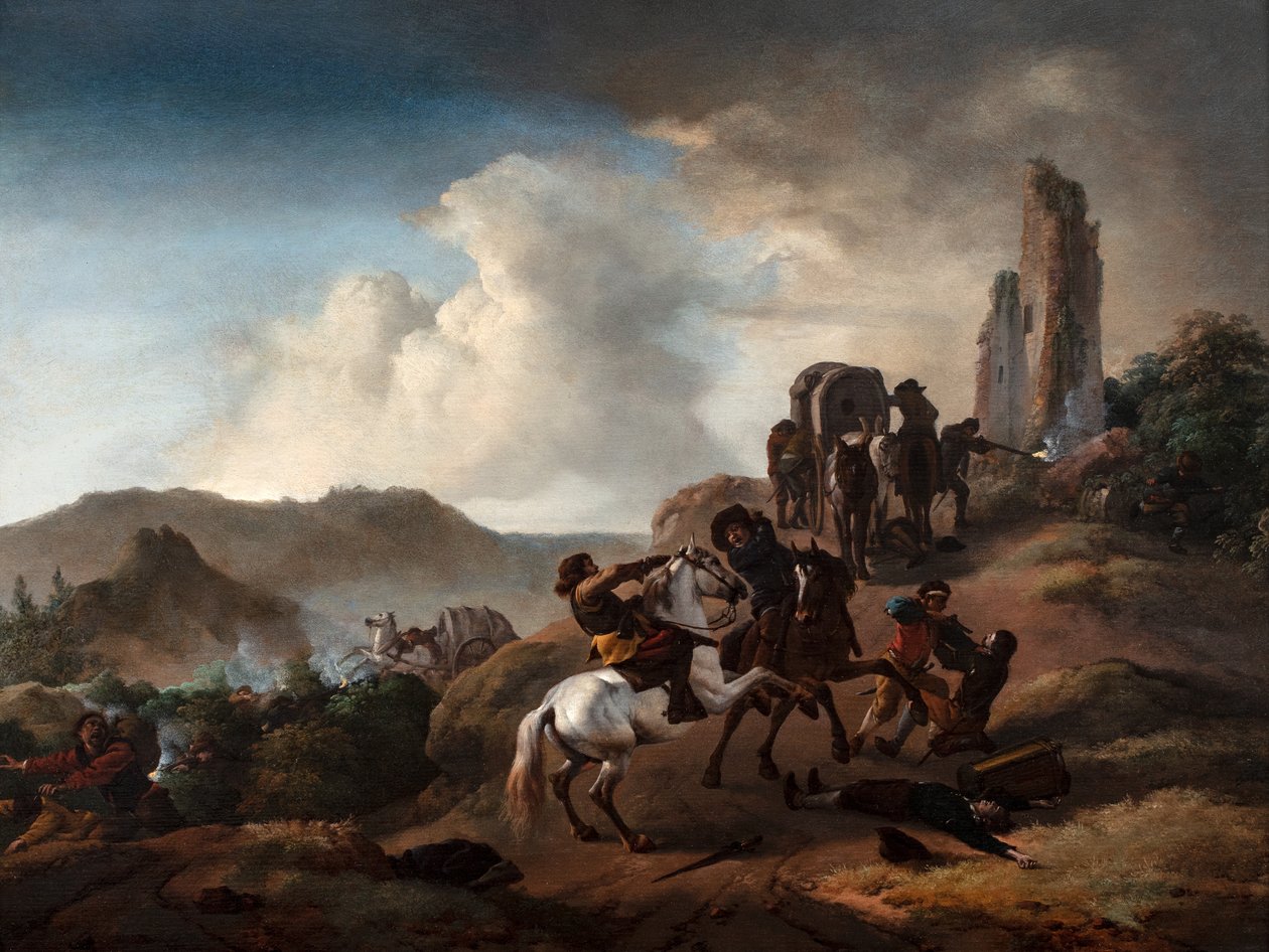 Banditter, der overfalder rejsende på en sti i et italiensk landskab, ca. 1640-50 (olie på panel) af Philips Wouwermans or Wouwerman