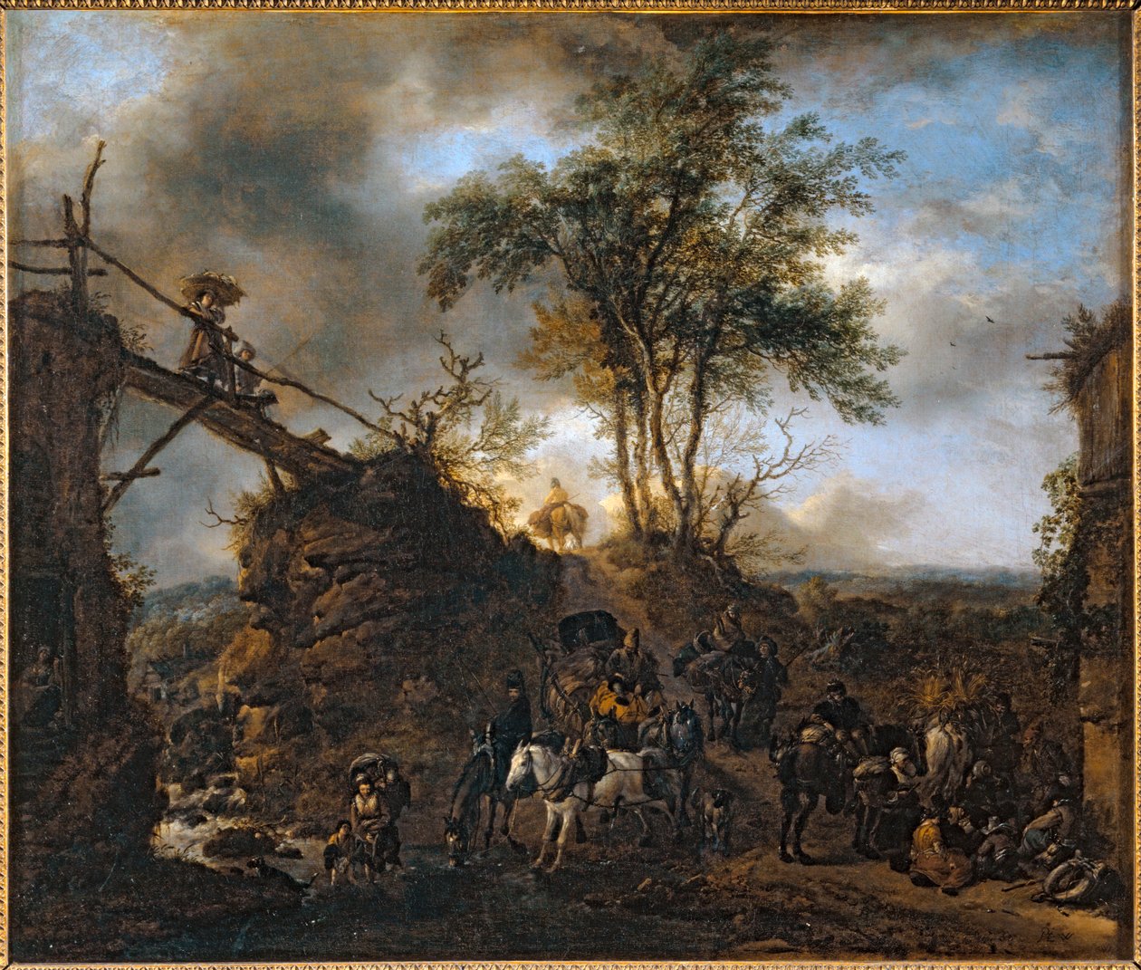 Træbro over vandløbet ... af Philips Wouwermans or Wouwerman