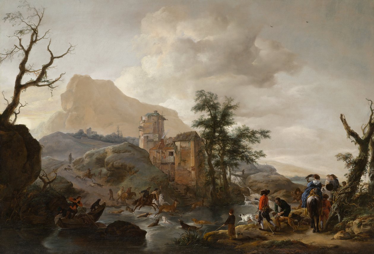 Hjortejagt i en flod, ca. 1650-1655 af Philips Wouwerman