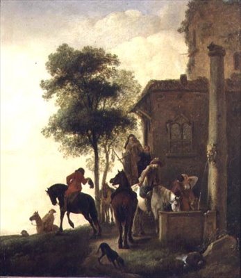 Rejsende der vander deres heste uden for en kro (olie på panel) af Philips Wouwermans or Wouwerman