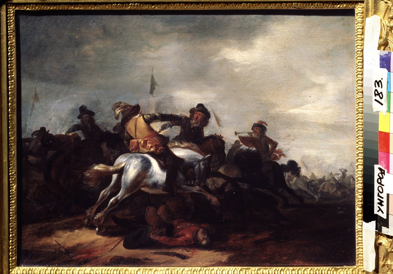 En kamp. Maleri af Philips Wouwerman (1619-1668). Olie på træ, 31 x 41 cm. flamsk kunst, barokkunst. Regionalt kunstmuseum, Uzhgorod (Ukraine). af Philips Wouwermans or Wouwerman
