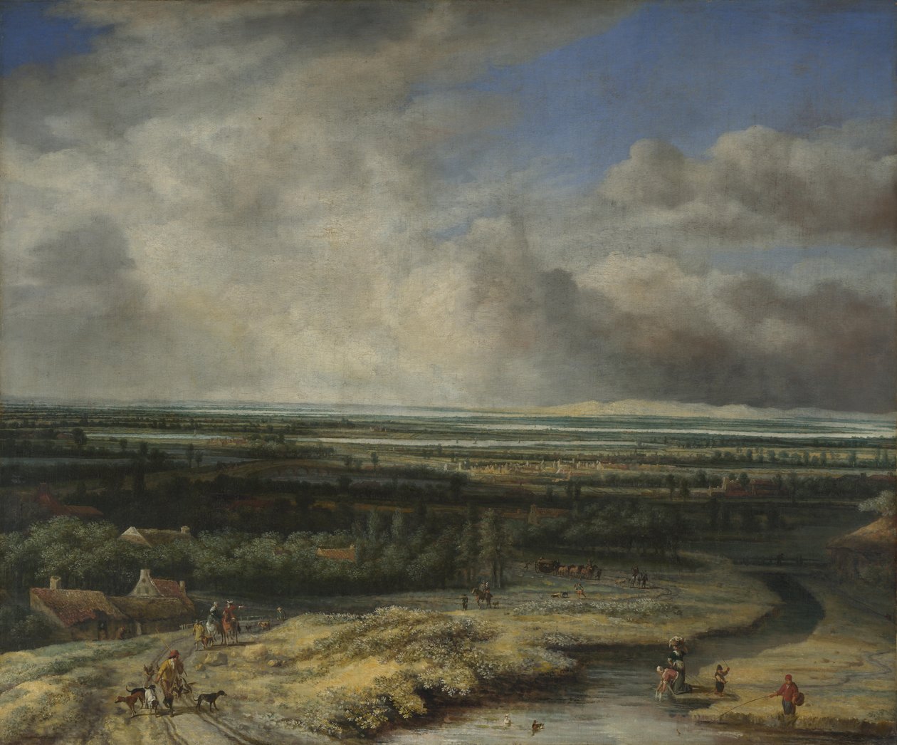 Et omfattende landskab med et Hawking-parti, ca. 1670 af Philips de Koninck