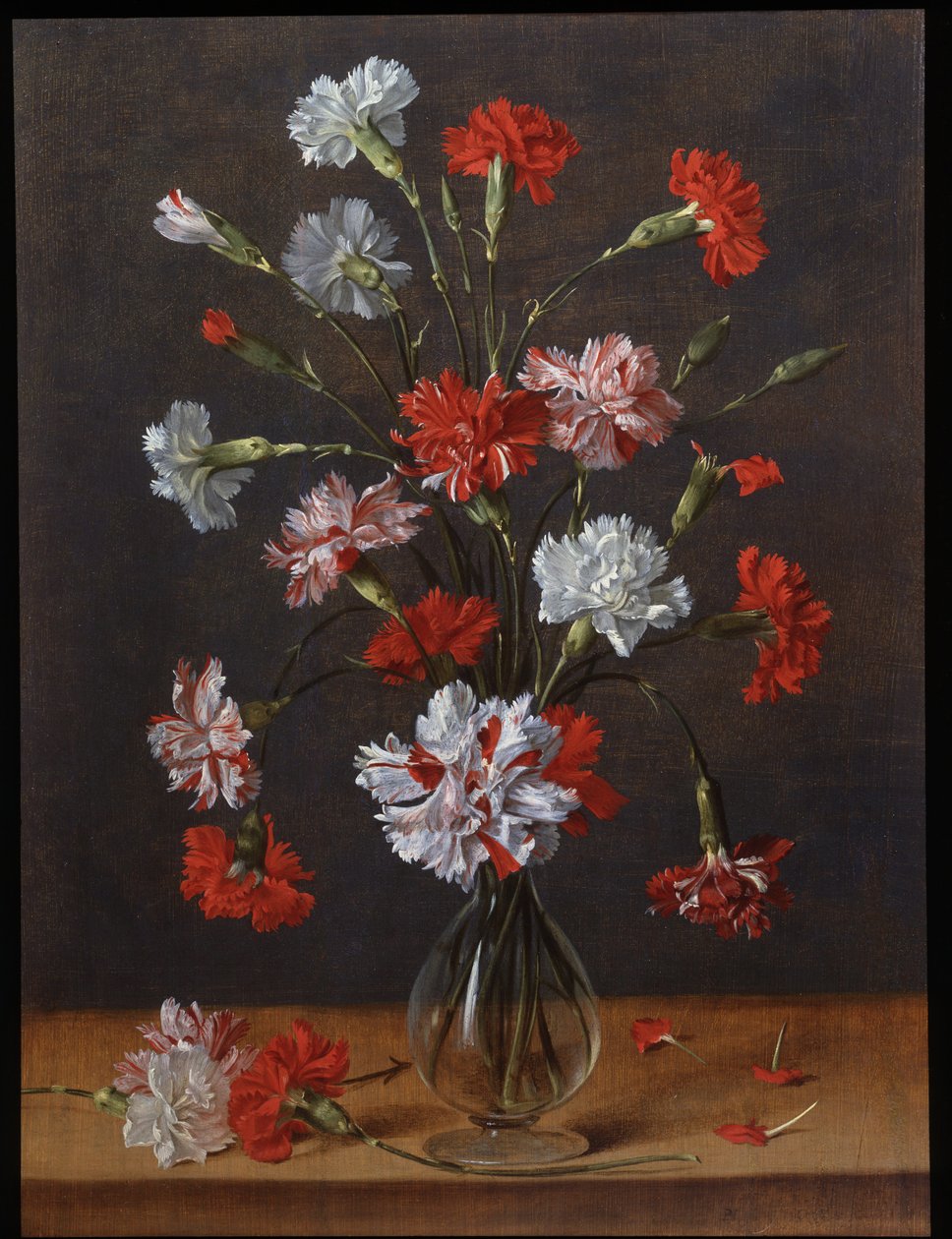 En buket nelliker i en glasvase, ca. 1600-1700 (olie på panel) af Phillipe de Marlier