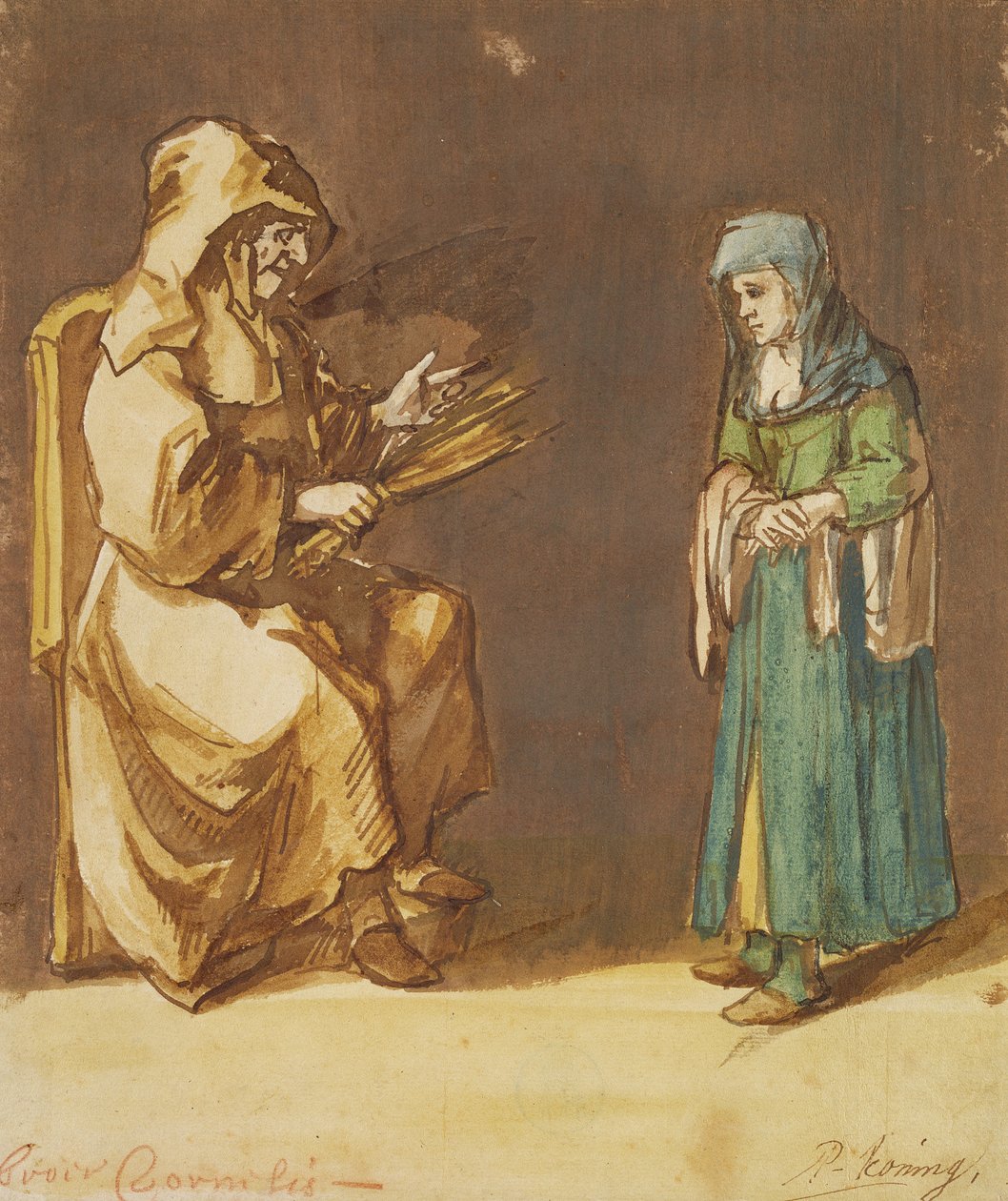 Bror Cornelis forklædt som en nonne og en angrende kvinde (pen og pensel og wc på papir) af Phillips de Koninck