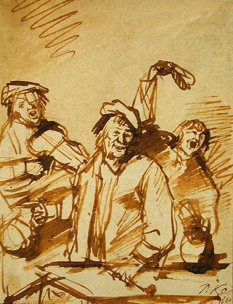 Three Cheerful Young Men, 1660 (pen og brunt blæk på papir) af Phillips de Koninck
