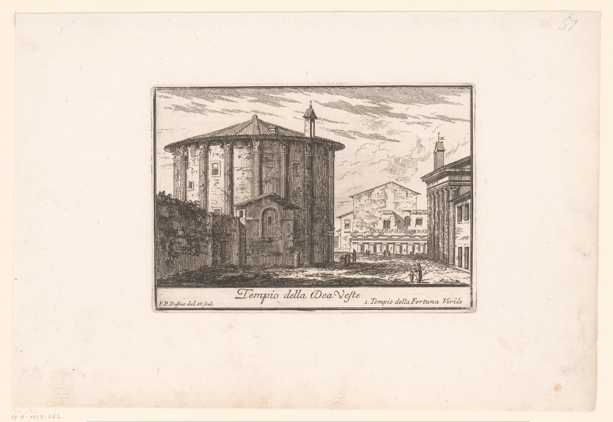 Udsigt over Vesta-templet Tempio della Dea Veste (titel på objekt) Udsigt over det antikke og moderne Rom (serietitel) Varie Vedute di Roma Antica, e Moderna (serietitel) af Philothée Francois Duflos