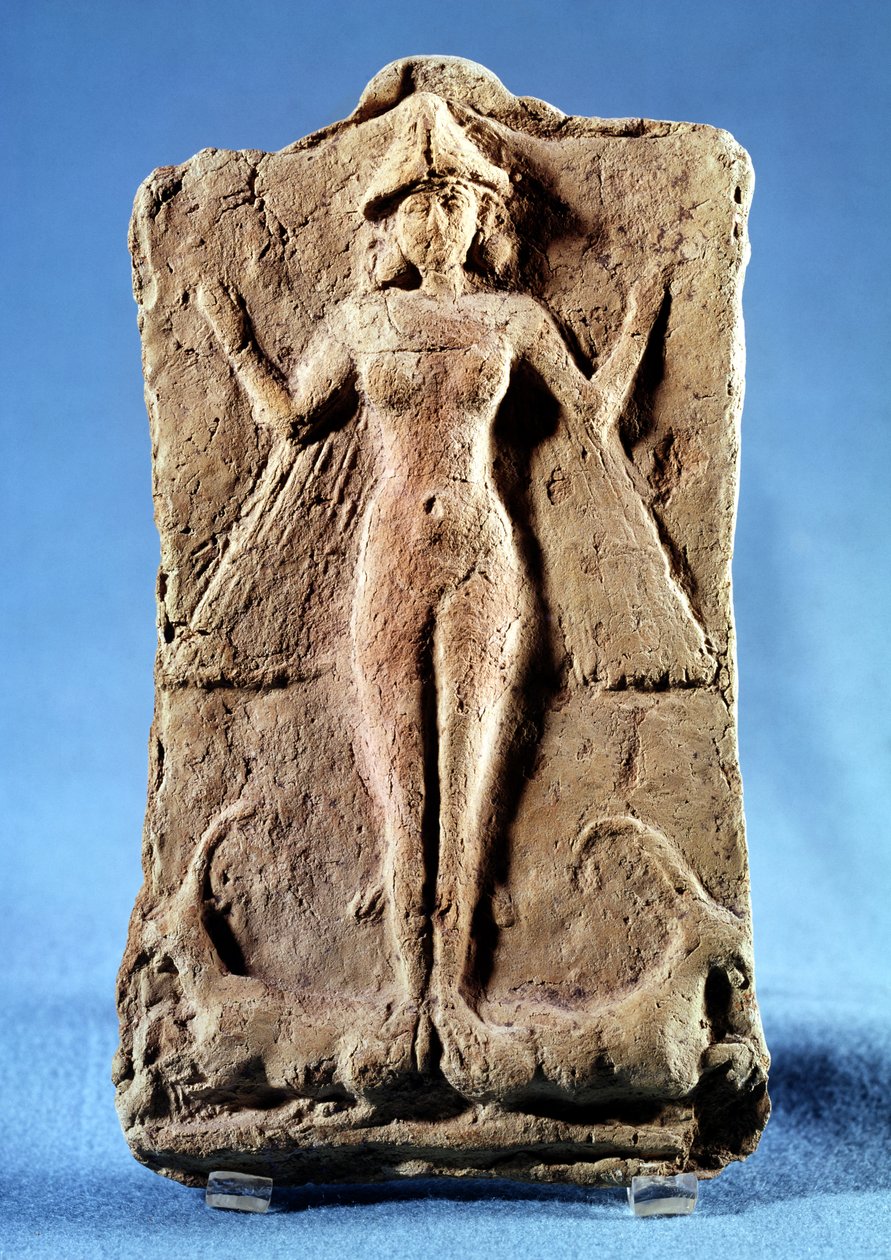 Plade, der forestiller en bevinget gudinde, muligvis Ishtar, stående på to stenbukke, fra Ras Shamra (Ugarit) 3. årtusinde f.Kr. (terracotta) af Phoenician