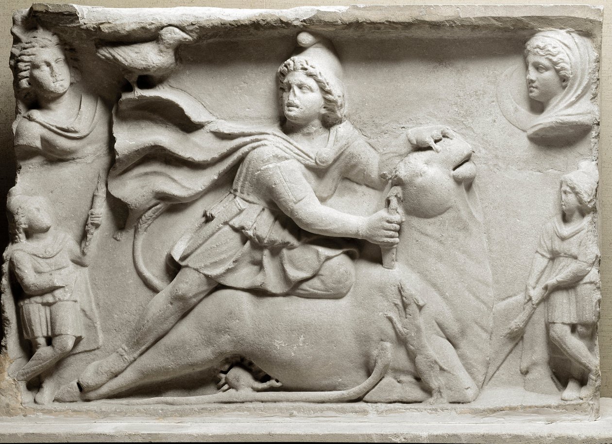Fønikiernes civilisation: offerscene, der skildrer den guddommelige Mithra (Mythra eller Mithra) forbryder tyren. 2. eller 3. århundrede e.Kr. Marmor reliefstrømper. Paris, Louvre-museet af Phoenician Phoenician