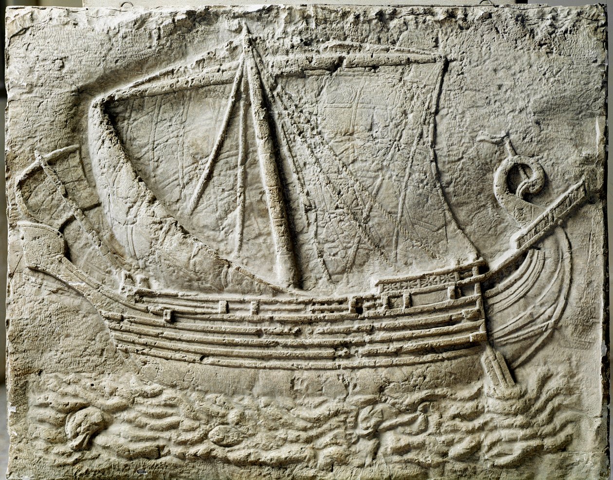 Fønicisk kunst: basrelief af sarkofag, der repræsenterer et handelsskib - Fra den gamle havn i Sidon (Saidoon) i Libanon - Paris, musee du Louvre - Et fønikisk handelsskib - Reliefdetalje af en stensarkofag fundet i Sidon (Libanon) - Louvre Museum , Pari af Phoenician Phoenician