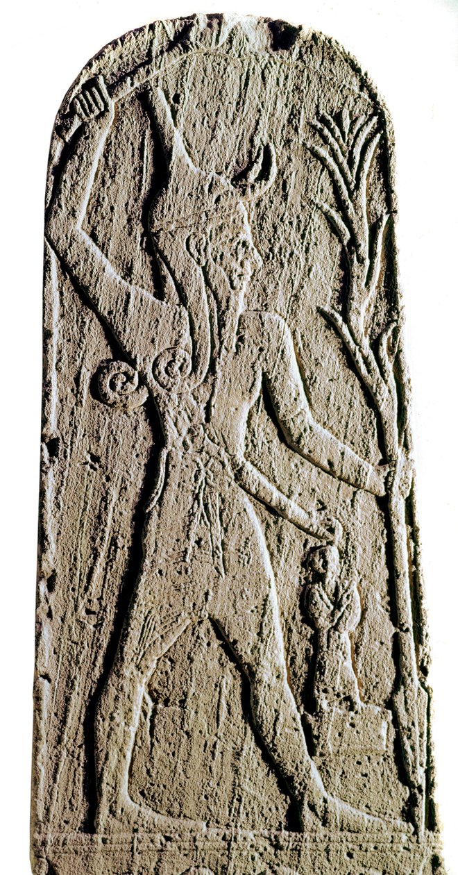 Fønikisk kunst: kalkstensstele af guden Baal i lyn. (Gud kriger beskytter kongen) Skulptur fra det 19. eller 18. århundrede f.Kr.,. Fra Ras Shamra (Ugarit eller Ougarit) Dim 142 cm Paris, Musee du Louvre af Phoenician Phoenician