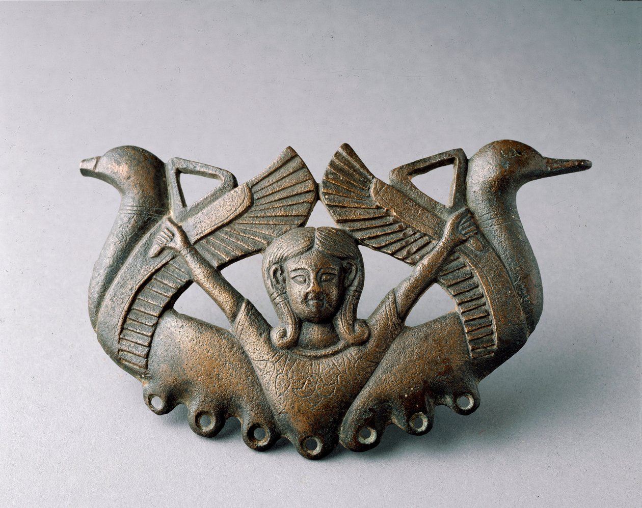 Fønicisk kunst: repræsentation af guddom Astarte. Det er omgivet af to fugle, der letter. Bronzeskulptur fra det 6. århundrede f.Kr. Fra Sevilla. Svag. 16 cm Sevilla, arkæologisk museum af Phoenician School