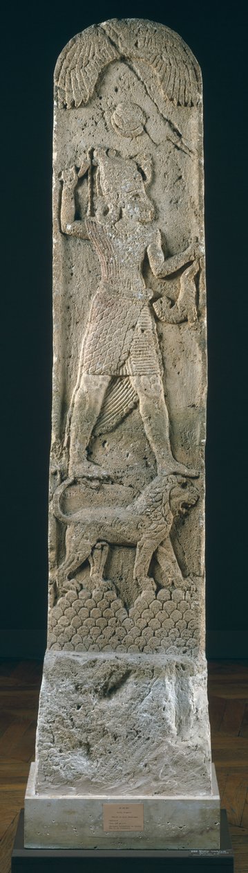 Votiv stela, der forestiller en gud, der står på en løve, fra Amrith, ca. 550 f.Kr. (kalksten) af Phoenician School