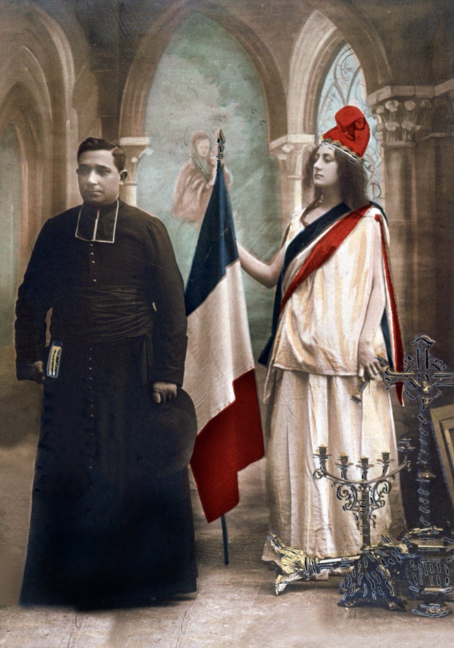 Allegori om adskillelsen mellem kirke og stat i 1905, illustration fra 1907 (farvet foto) af Photographer French