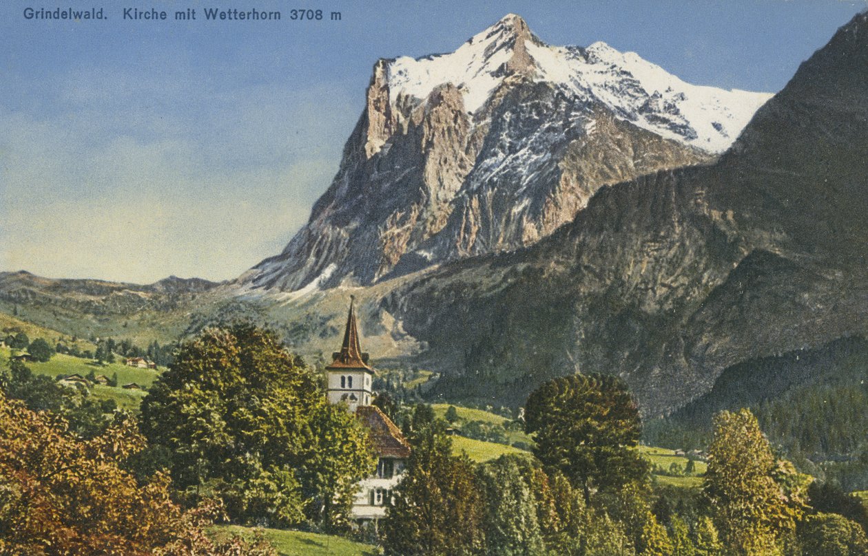 Grindelwald Kirke og Wetterhorn, Schweiz (farvefoto) af Photographer Swiss