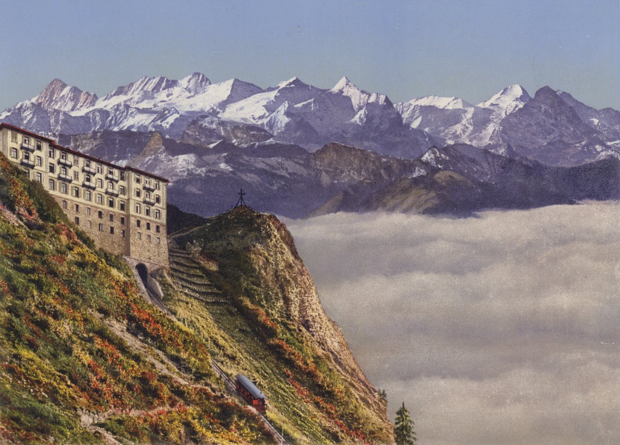 Stanserhorn 1900m svævebane og hotel med Berner Alperne (farvefoto) af Photographer Swiss
