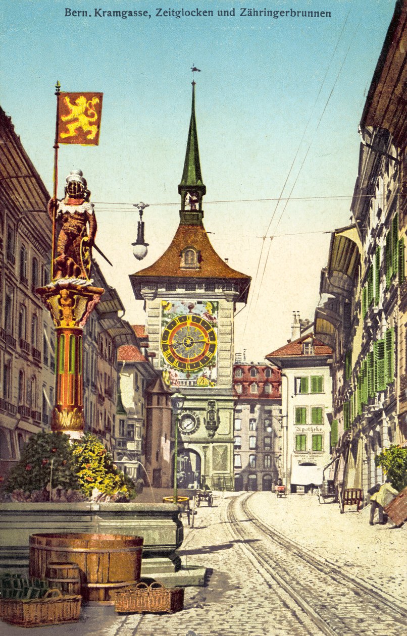Zytglogge-klokketårnet og Zahringerbrunnen-fontænen, Kramgasse, Bern Schweiz (farvefoto) af Photographer Swiss