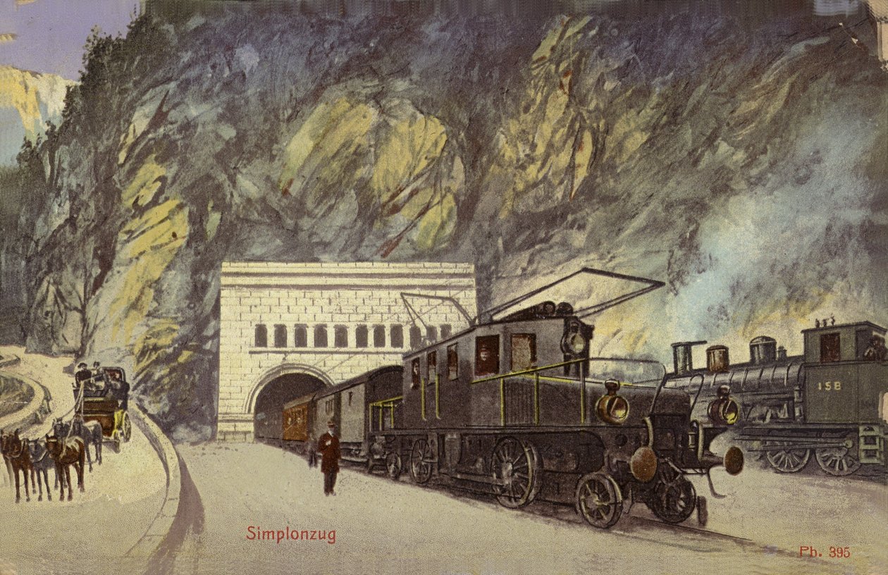 Tog ved indgangen til Simplon-tunnelen (farvefoto) af Photographer Swiss