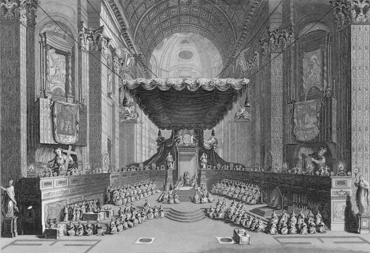 Kanonisering af hellige i Peterskirken i Rom, i 1712, indgraveret af T. Brown, fra 