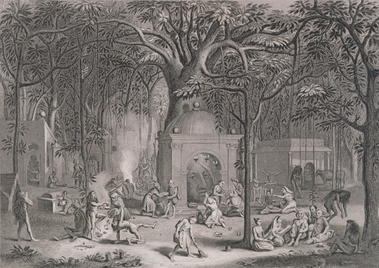 Hindu Fakirs Practicing their Superstitious Rites, graveret af Bell, fra World Religion, udgivet af A. Fullarton & Co. af Picart