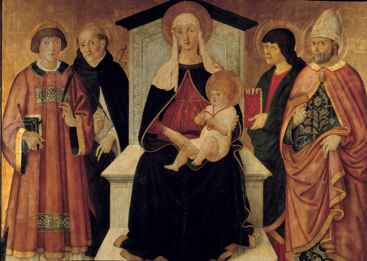 Jomfruen og barnet Jomfruen er omgivet af Saint Laurent diakon, Saint Peter, Saint John, Saint Blaise de Sebaste. Altertavle af Pier Francesco Fiorentino (aktiv omkring 1475-1500) 1490. Søn. 132x143 m. Avignon, Musee du Petro Palais af Pier Francesco Fiorentino