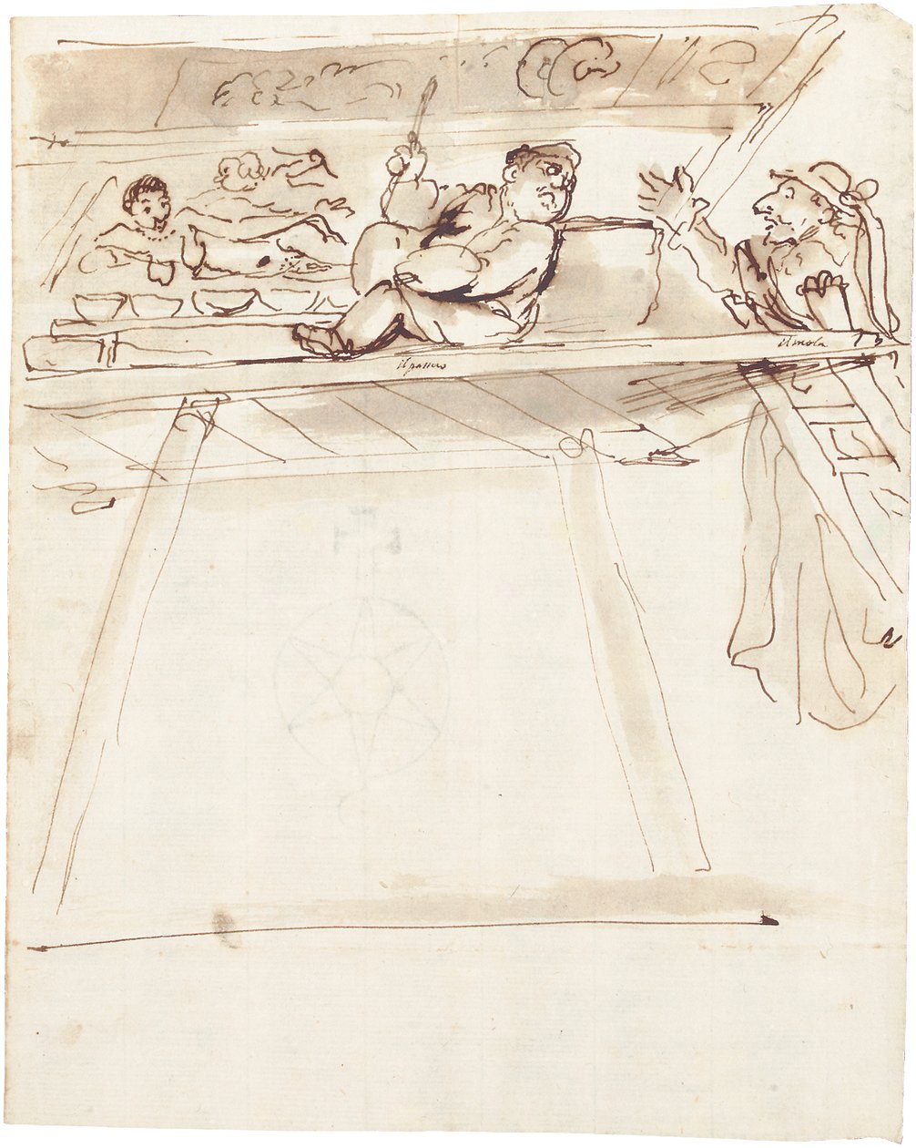 En karikatur af Pier Francesco Mola, der afbryder Giovanni Battista Passeri, der maler en loftdekoration af en tilbagelænet Venus af Pier Francesco Mola