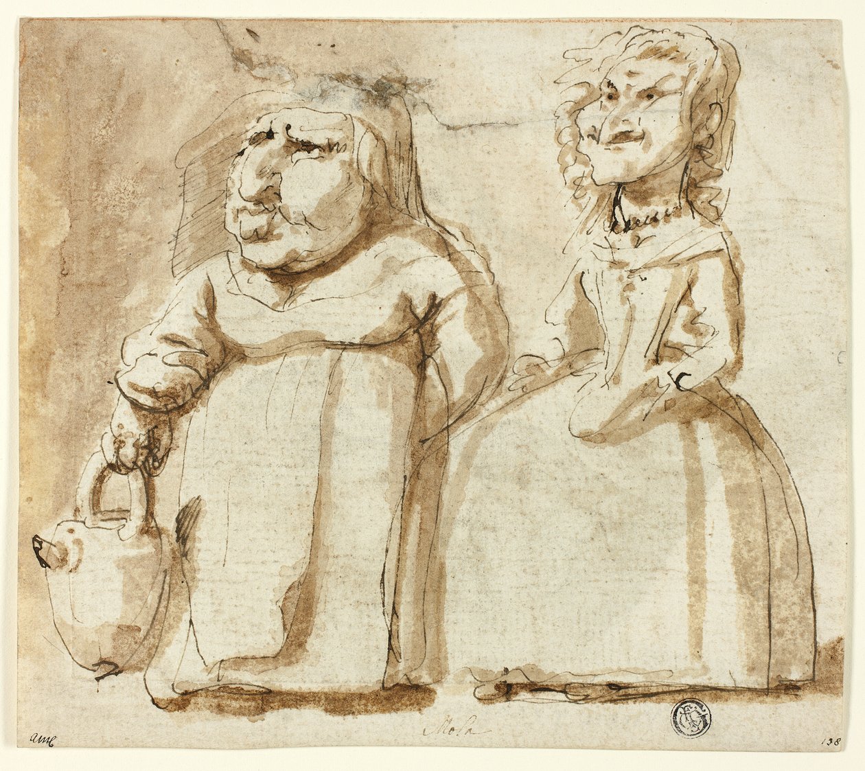 Karikaturer af to kvinder (recto); bedende Judas (verso) af Pier Francesco Mola