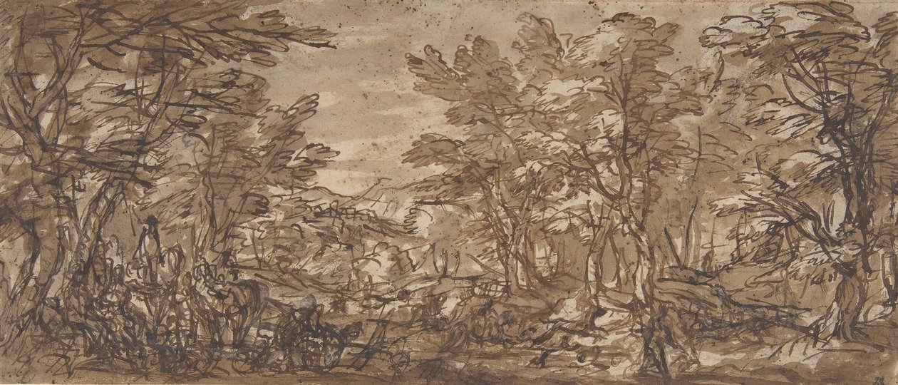 Skovscene, et stop til venstre, en jagt i midten, 1612-66. af Pier Francesco Mola