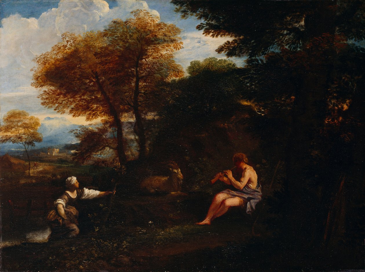 Landskab med en hyrde og hyrdinde (olie på lærred) af Pier Francesco Mola