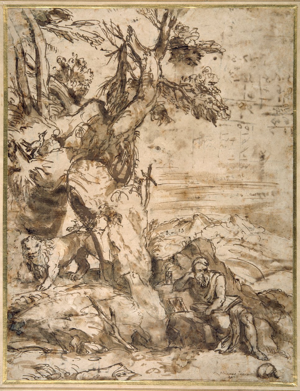 Sankt Hieronymus læser i ørkenen, efter Tizian (ca. 1488-1576) (rørpen og brunt blæk med brun vask på cremepapir) af Pier Francesco Mola